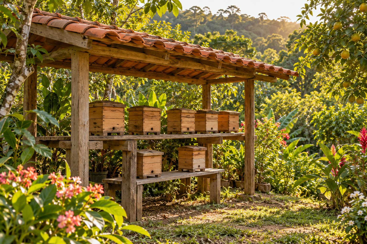 Meliponário de madeira com caixas pequenas em jardim brasileiro