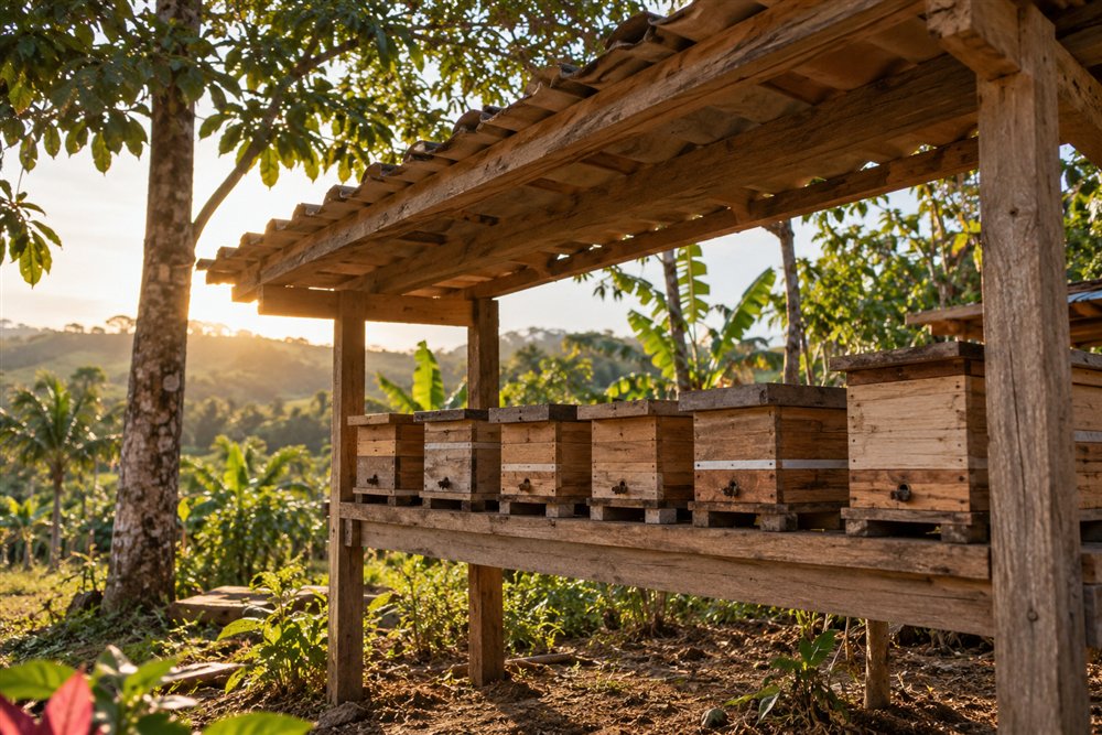 Caixas de meliponicultura organizadas sob abrigo de madeira