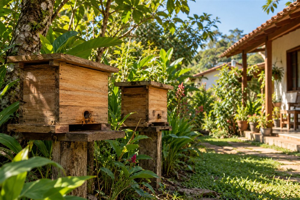 Pequeno meliponário em quintal com vegetação